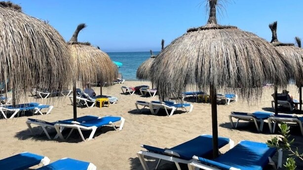 Une plage avec des parasols en chaume et des chaises longues.