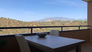 Un balcon avec une table et des chaises, donnant sur un paysage vallonné avec une montagne à l’horizon.