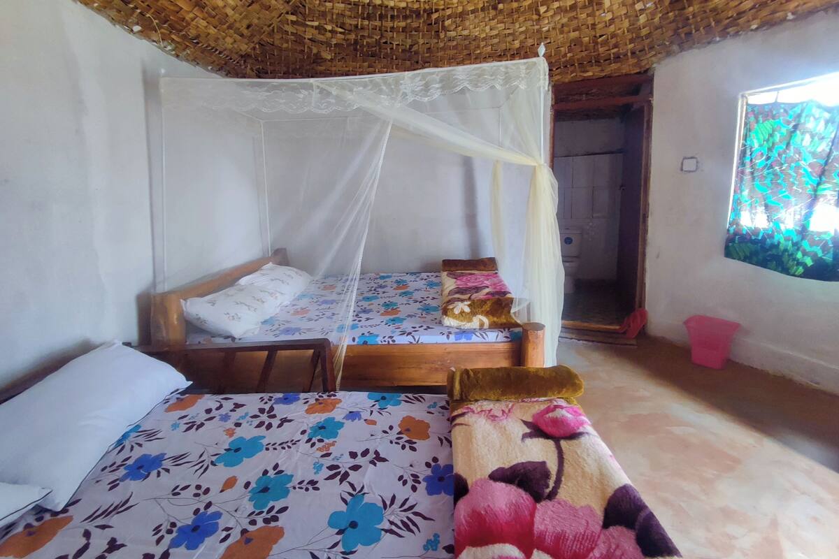 Una habitació amb un llit sota una mosquitera, un altre llit amb un edredó floral, un capçal de llit de fusta, una finestra amb vistes i un sostre fet amb materials tèssils.