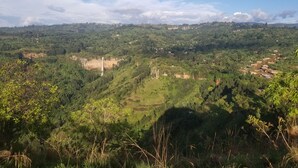 A panoramic view of a lush green valley with scattered buildings and a prominent tower.