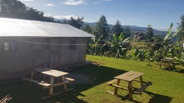 A rustic building with a corrugated metal roof, two wooden picnic tables, and a grassy yard with banana plants.