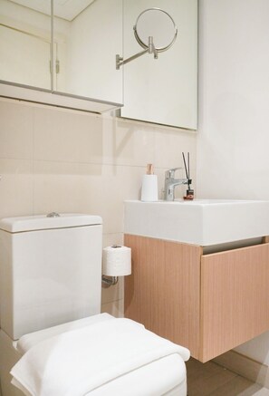 Hiustenkuivaaja, pyyhkeet, saippua, vessapaperi