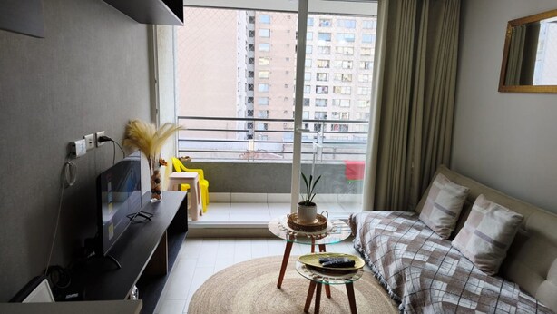A modern living room with a TV, sofa, and a small table with a plant. - Alojamiento en San Diego 376 (Santiago)