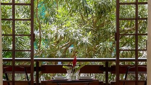 A dining area with a table set for two, surrounded by wooden chairs, and a view of lush greenery through large windows. - CTBH @ Argyle #3 [1-Bedroom w/ Pool] (Kingston)