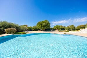 Ein klares, blaues Schwimmbecken, umgeben von einem liebevoll angelegten Garten mit Bäumen und Sträuchern.