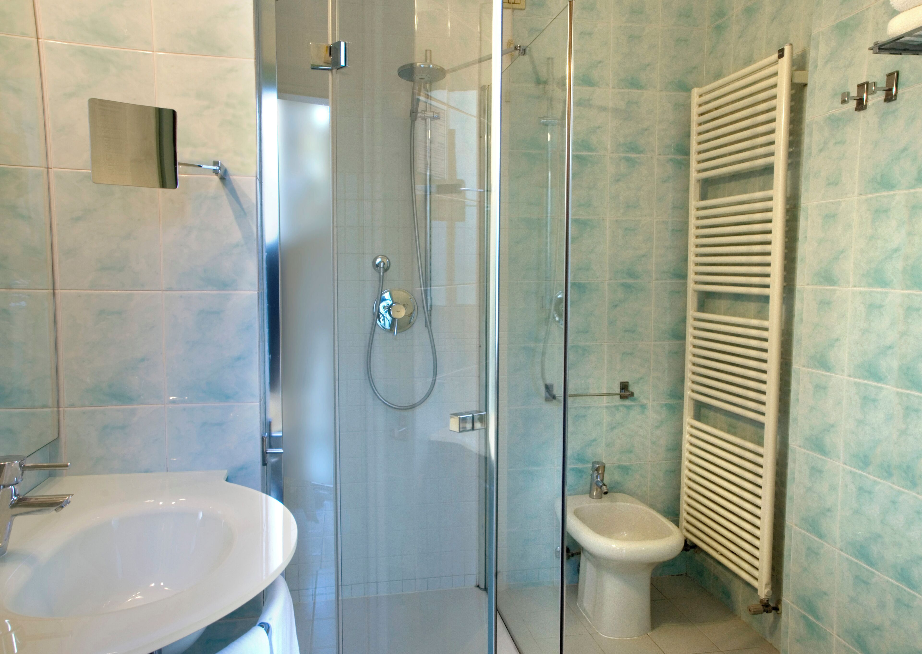 A bathroom with a glass-enclosed shower, a bidet, a white sink, and a towel rack.
