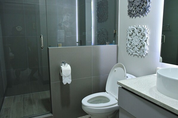 Un baño con cabina de ducha de vidrio, inodoro y lavamanos con espejo.