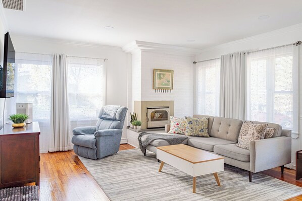 Smart TV, fireplace, books