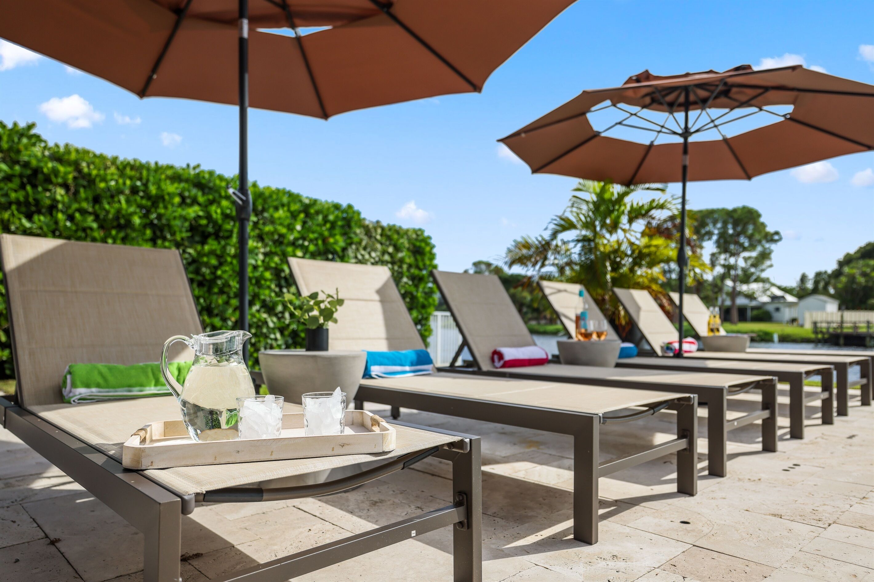 A row of sun loungers with umbrellas, a tray with a pitcher and glasses, and a hedge in the background.