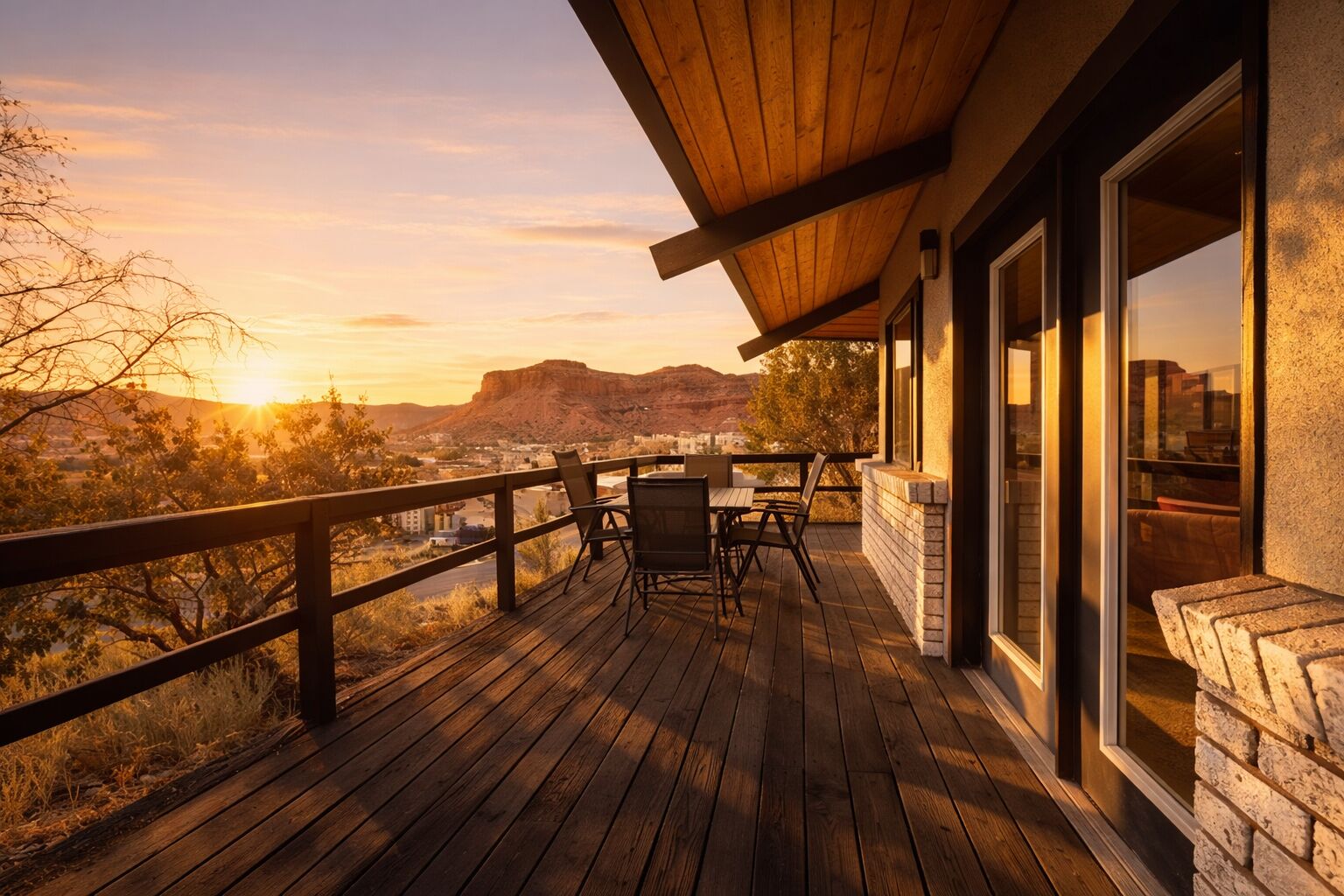 A wooden deck with a table and chairs, overlooking a mountainous landscape.