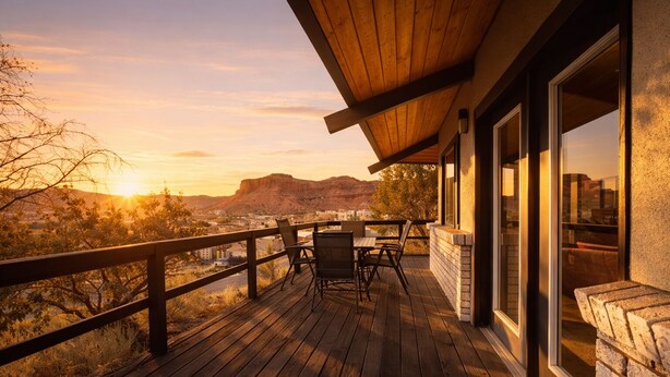 A wooden deck with a table and chairs, overlooking a mountainous landscape. - 2 Acre  Retreat, Sauna, Fire pit, Decks, Views, 35 Min to Zion, 45 GC, 45-Bryce (Kanab)