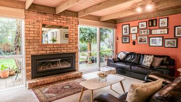 Smart TV, fireplace, books