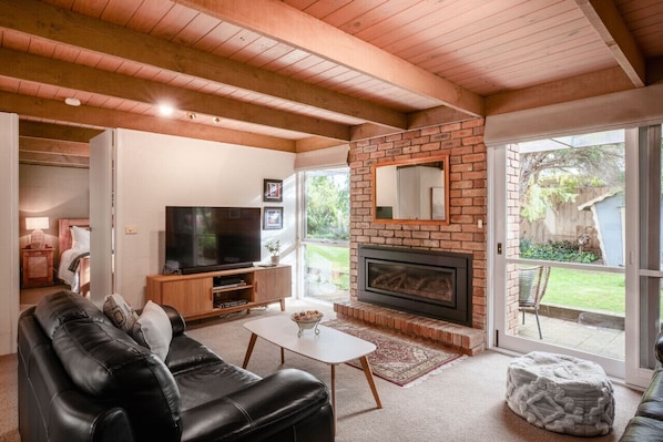 Smart TV, fireplace, books