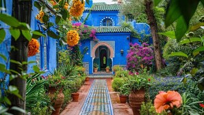 A narrow pathway leading to a building with a blue facade, surrounded by lush greenery and flowering plants. - Charming  two-bedroom apartment in the centre of Marrakesh Gueliz (Marrakech)
