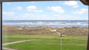 A view of the ocean from a window, with a grassy path leading to a lamp post. - 3 bedroom gorgeous home in Hadsund (Hadsund)