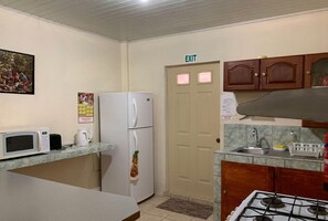 Compact kitchen with a refrigerator, microwave, gas stove, sink, and exit door.