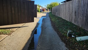 Een smalle steeg met een plas water, begrensd door houten schermen, die leidt naar een woongebied.