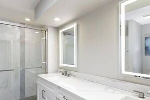 Hair dryer, towels, soap, toilet paper