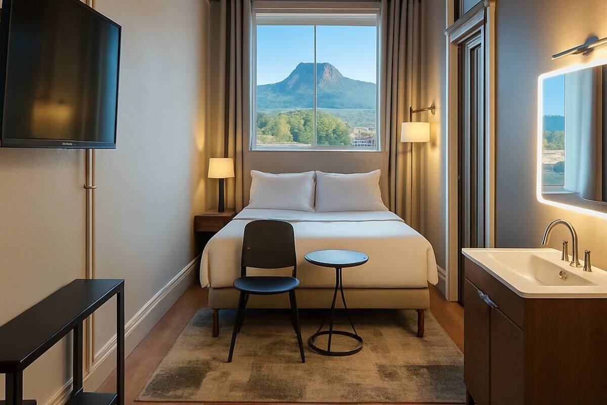 Habitación de hotel con cama, televisión, mesita pequeña, silla, escritorio, lavamanos y ventana con vistas a la montaña.