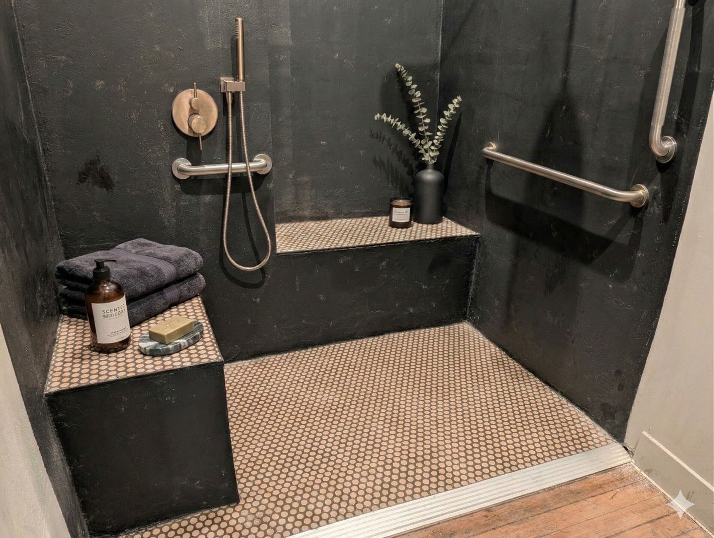 A shower area with a black tiled wall, a handheld showerhead, a towel rack, a small shelf with a plant and candles, and a soap dispenser.