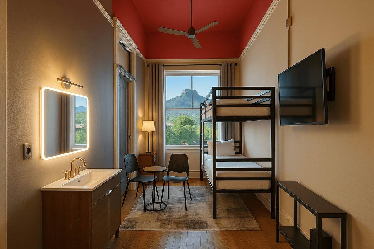 Habitación de hotel compacta con literas, un escritorio pequeño con dos sillas, un espejo con iluminación, un lavamanos y un televisor montado en la pared.