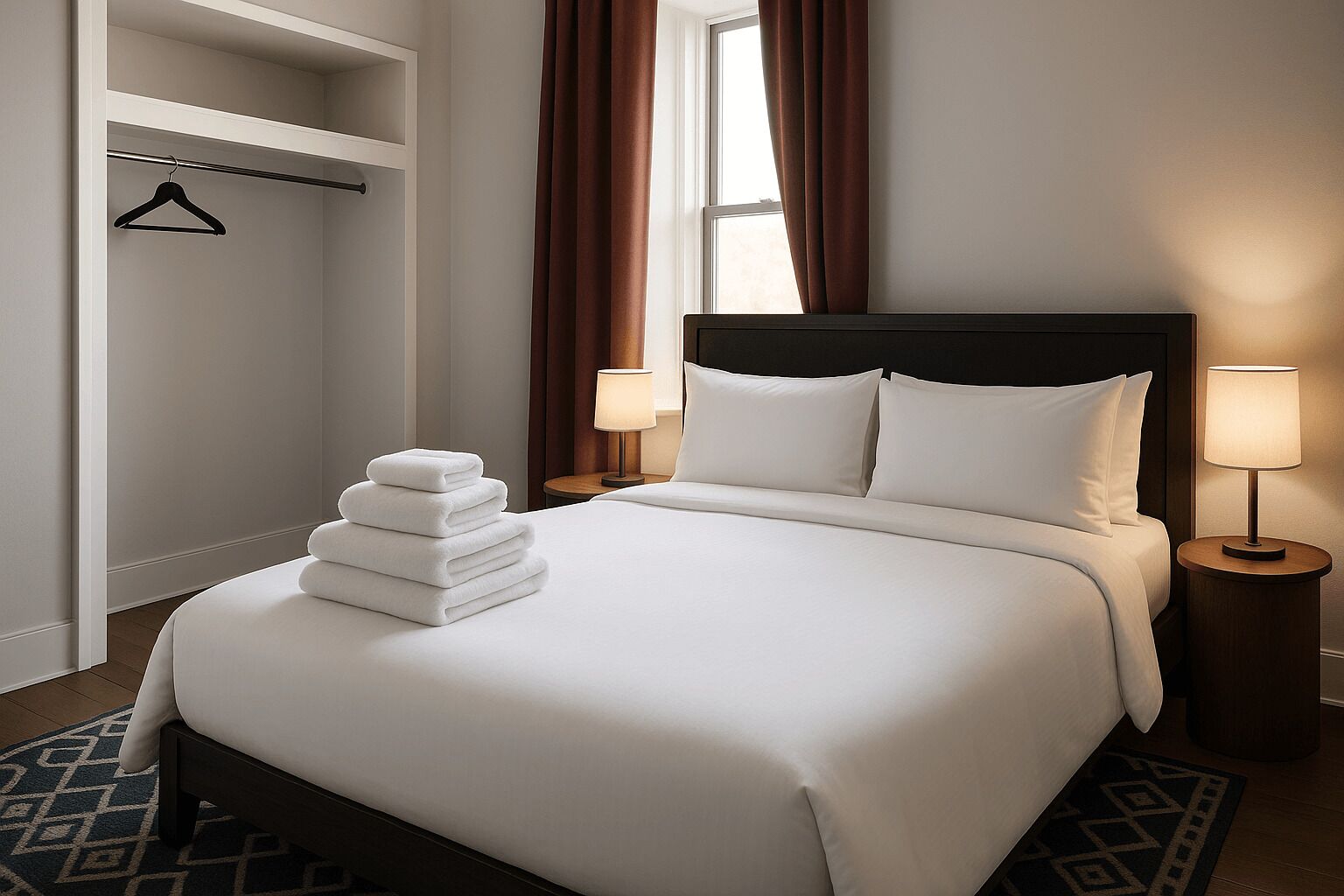 Una cama bien hecha con sábanas blancas, una pila de toallas dobladas, dos lámparas de noche y una ventana con cortinas.