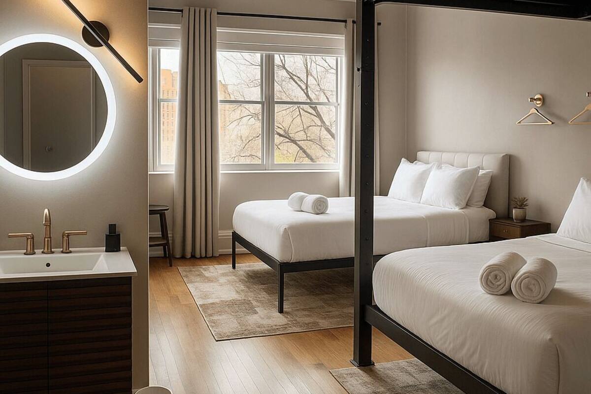 Habitación de hotel moderna con una cama grande, una mesita de noche, un espejo redondo con iluminación, una ventana con cortinas y vistas a árboles.