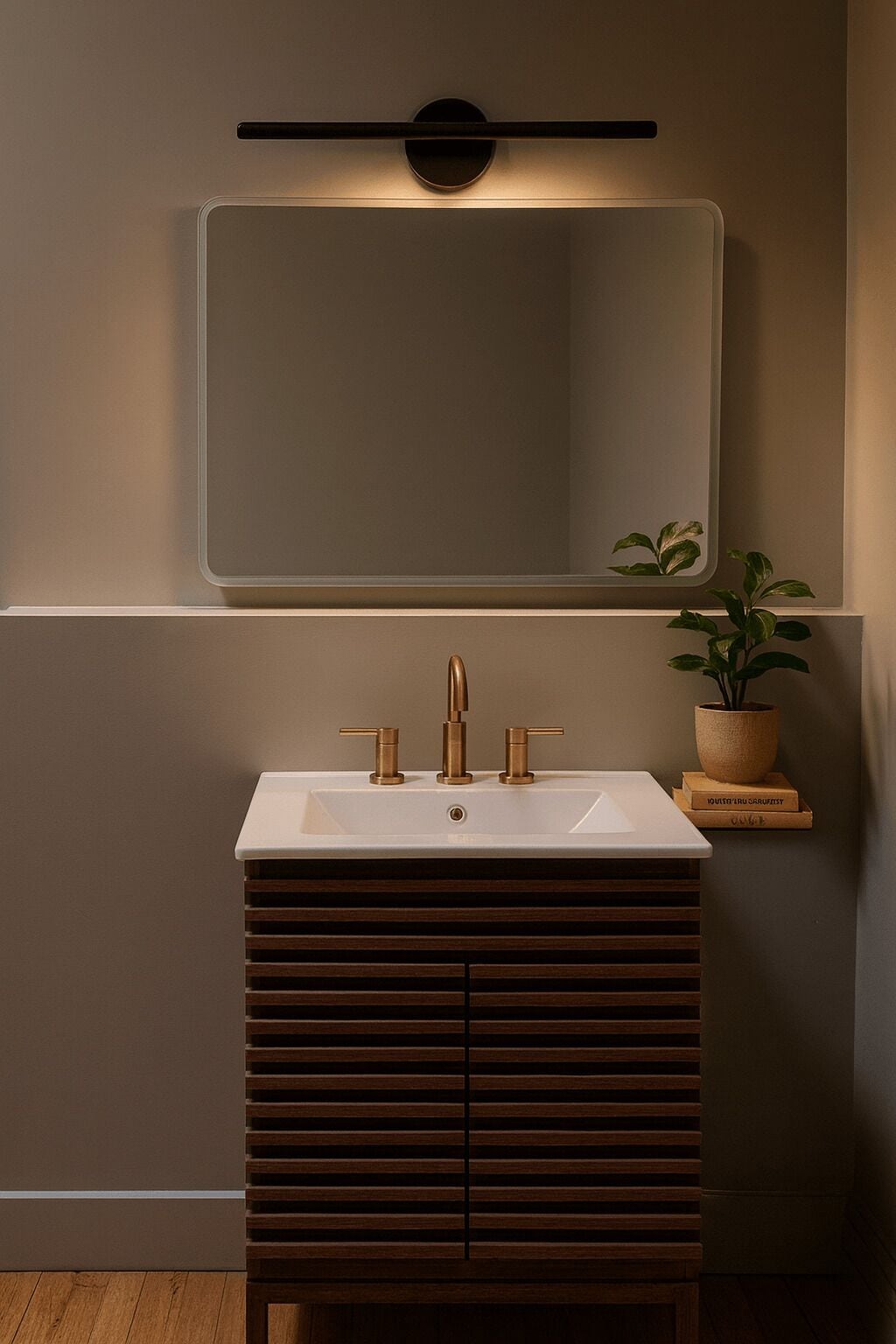 A modern bathroom with a rectangular sink, a wall-mounted mirror, and a potted plant.