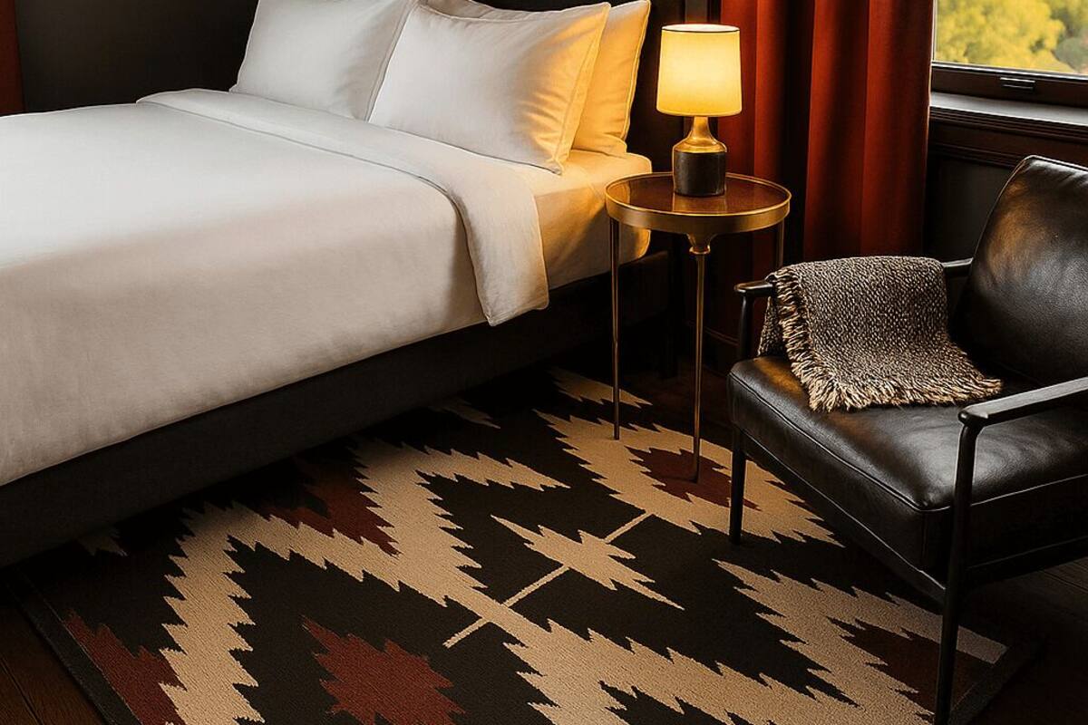 Habitación de hotel con cama, mesita de noche con lámpara, sillón de cuero y alfombra estampada.