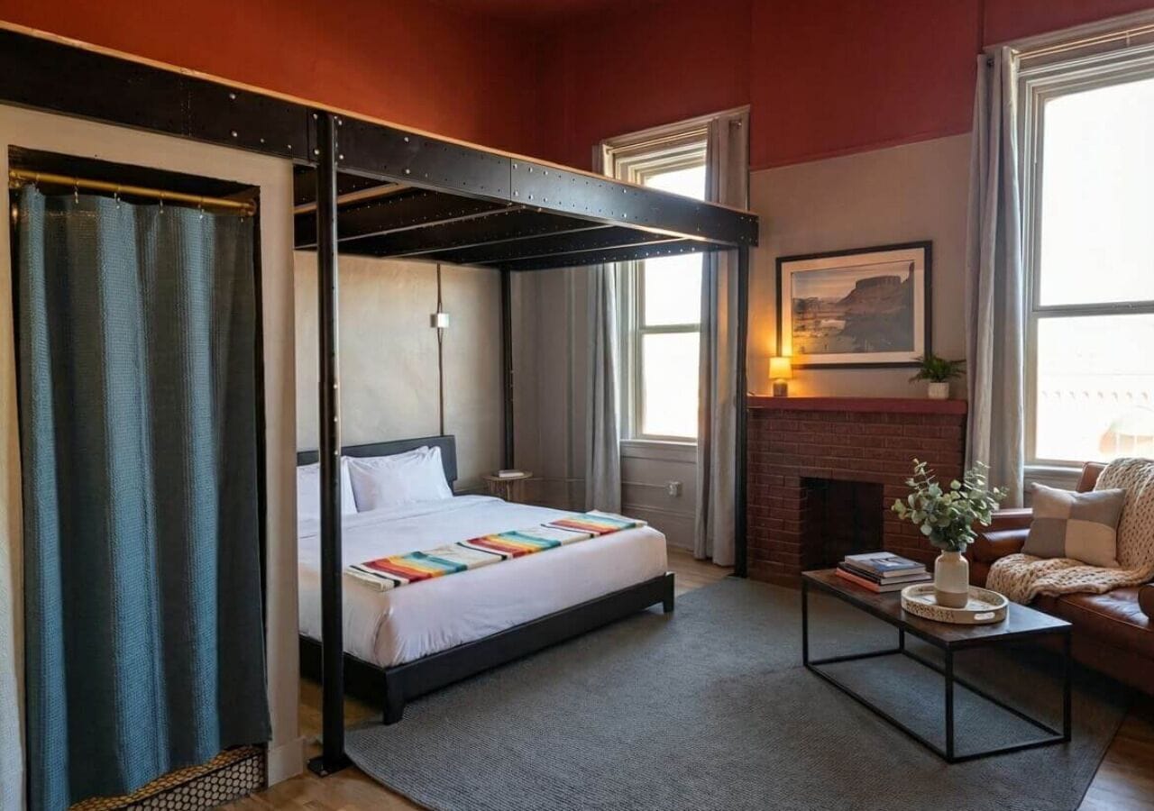 Una cama con dosel con un edredón colorido, una chimenea, un sofá y una mesa de centro con un jarrón de flores.