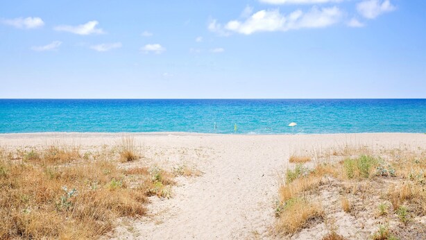 Una platja amb cel blau i mar tranquil·la.