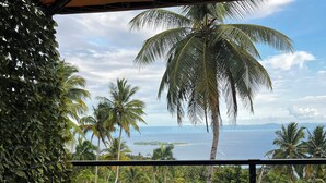 A person in a hot tub with a view of palm trees and the sea. - Villa between sea and mountain with beautiful places, live the adventure and romance. (Monte Rojo)