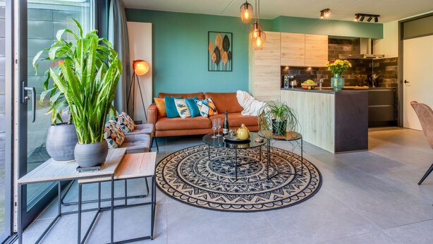 Un salon moderne avec un canapé, une table basse et des plantes en pot.