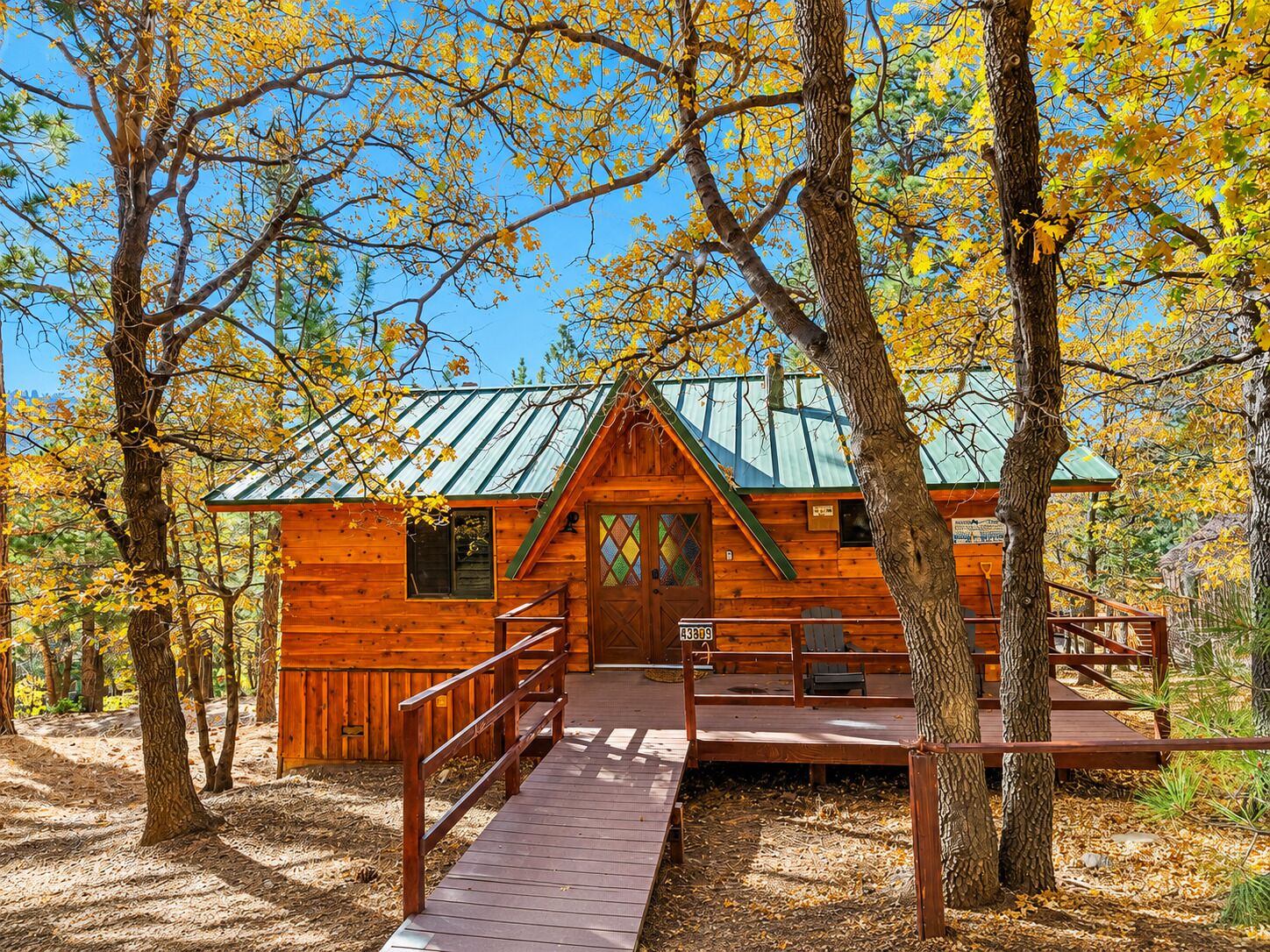 A wooden cabin with a metal roof, surrounded by trees with yellow leaves.