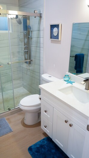 Dusche, Haartrockner, Handtücher, Seife