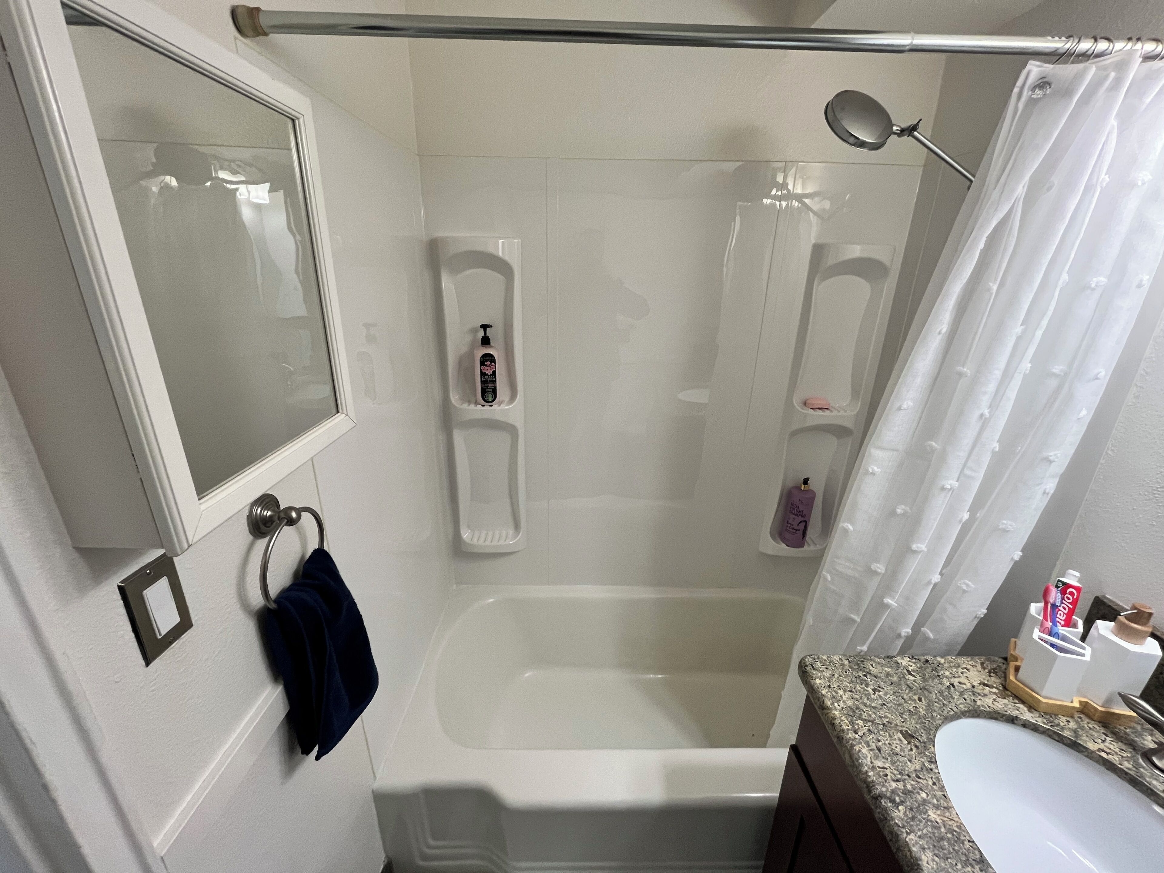 Hair dryer, towels, soap, toilet paper