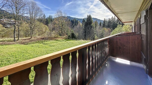 A balcony with a view of a grassy field and trees, a clear sky, and a mountain in the distance. - Hadès-appartement-4/5 pers- proche centre (Les Gets)