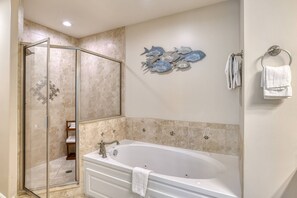 Shower, jetted tub, hair dryer, towels