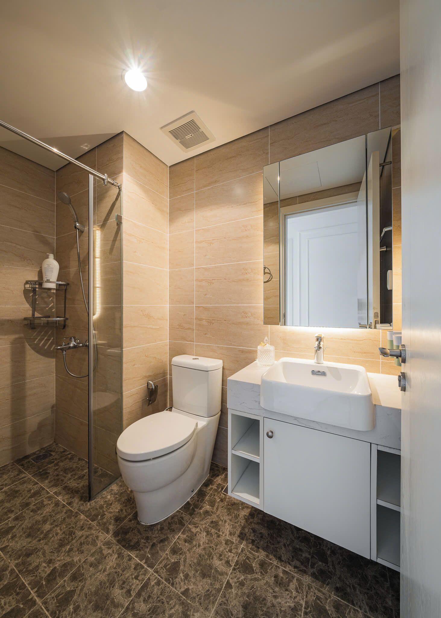 A modern bathroom with a glass-enclosed shower, a toilet, and a vanity with a sink.