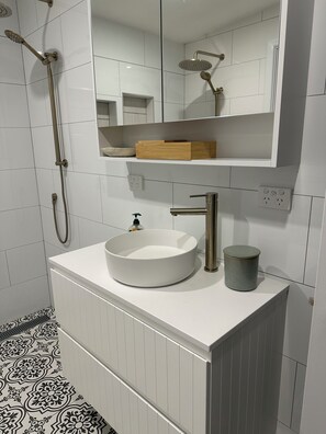Ducha, secador de pelo, jabón y papel higiénico