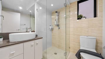 Hair dryer, towels, shampoo