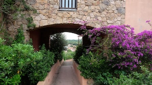 A stone archway leading to a building with a window, surrounded by lush greenery and purple flowers.