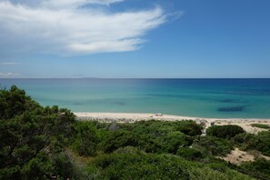 A beach with clear turquoise waters, a sandy shore, and dense green vegetation in the foreground. - Calarossa Sardinia Apartments (Trinità d'Agultu e Vignola)