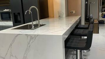 Fridge, coffee/tea maker, dining tables