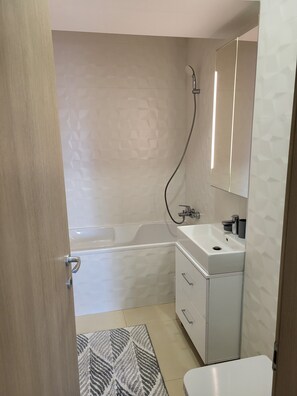 Hair dryer, towels, toilet paper