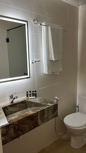 Douche, chaussons, serviettes fournies, savon