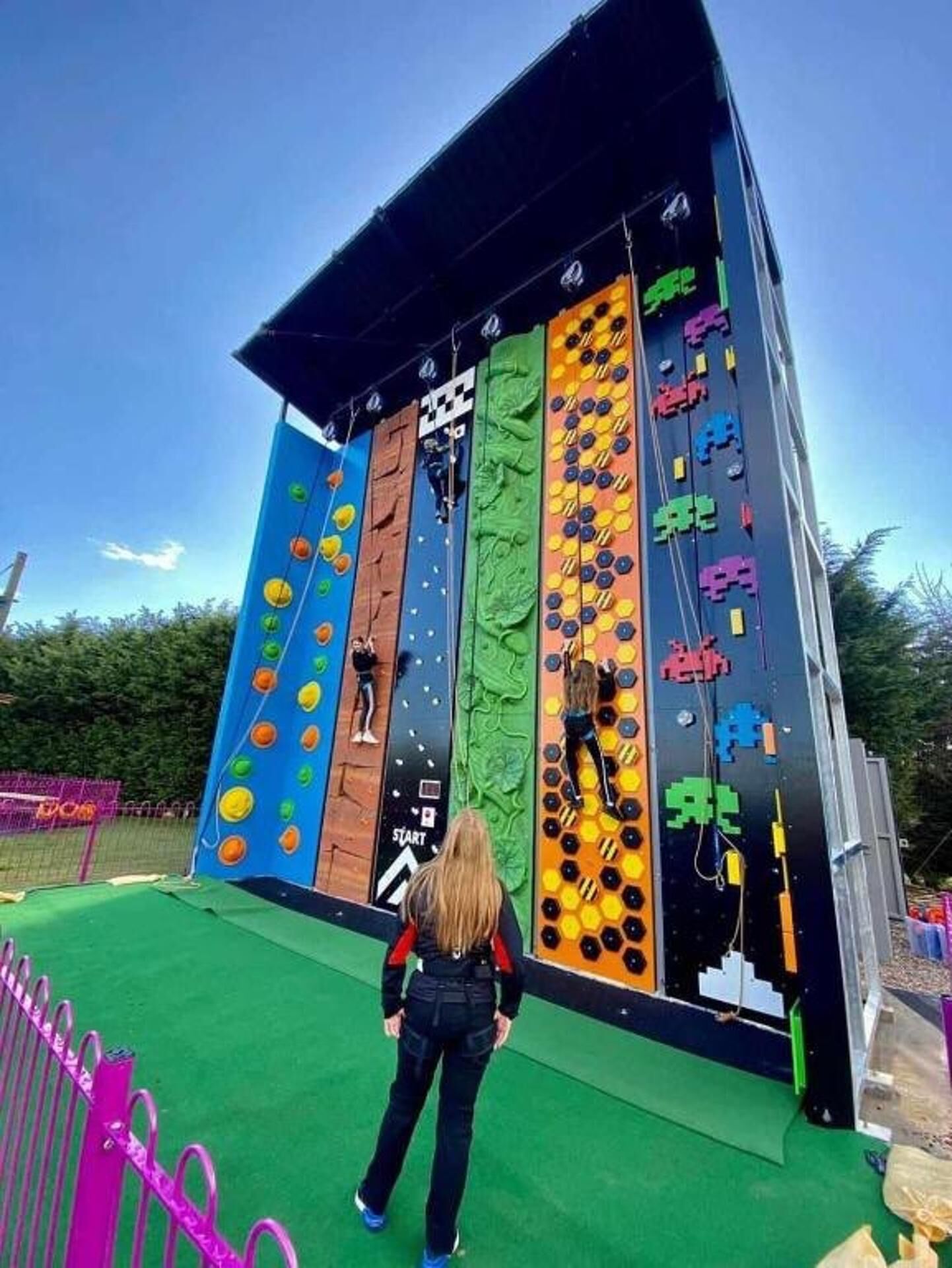 Una pared de escalada con rutas de varios colores y un botón de inicio.
