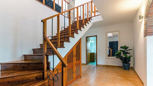 A wooden staircase with a railing, leading to a room with a tiled floor and a potted plant.