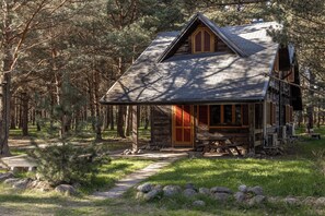 A rustic cabin with a steeply pitched roof, a front porch, and a wooden door.