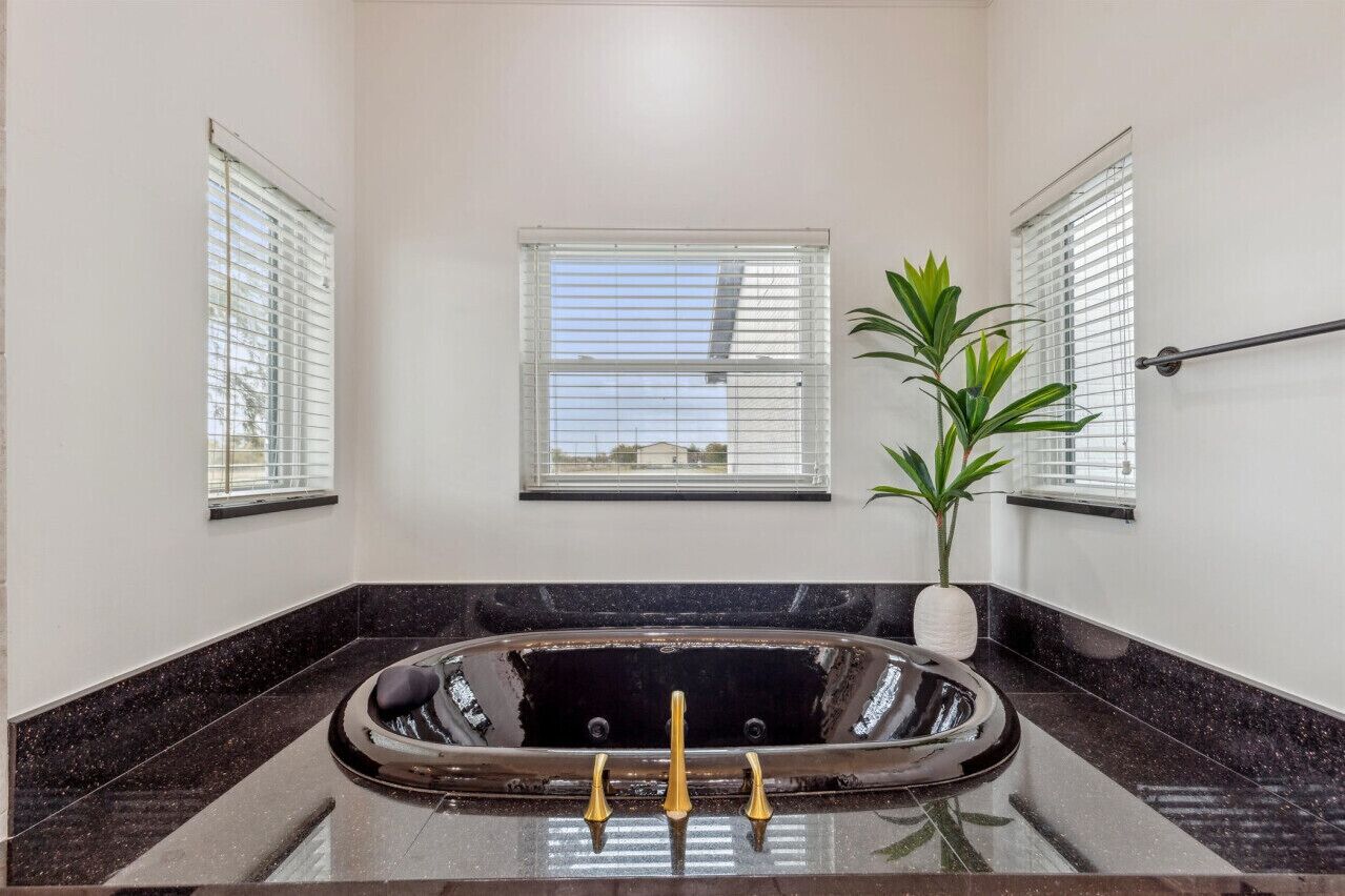 Une salle de bain avec une baignoire sur pieds, deux fenêtres équipées de stores, une plante en pot et un porte-serviettes.